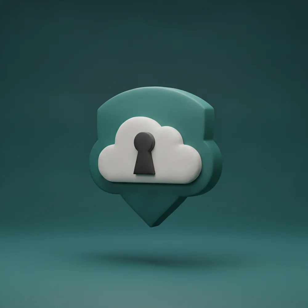 Het Deritron-logo als driedimensionaal schild met een wolk en sleutelgat