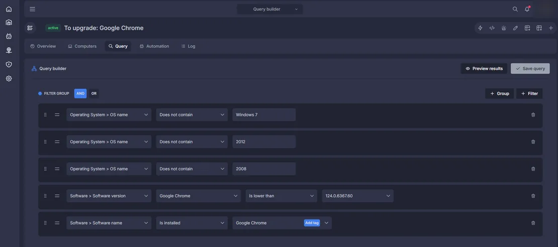 Query builder in Xcellerate: alle toestellen met Google Chrome onder versie 124
